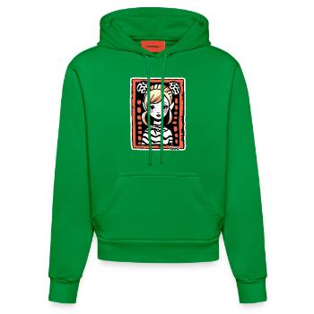 Portrait de bande dessinée stylisé – Femme astucieuse - Sweat à capuche bio ajusté fabriqué en UE - City Green - Devant