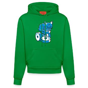 Katze auf Hantel - Organic Fitted Hoodie Made in EU - City Green - Vorne