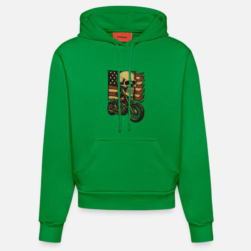 Moto skeleton devant le drapeau américain - Sweat à capuche bio ajusté fabriqué en UE - City Green