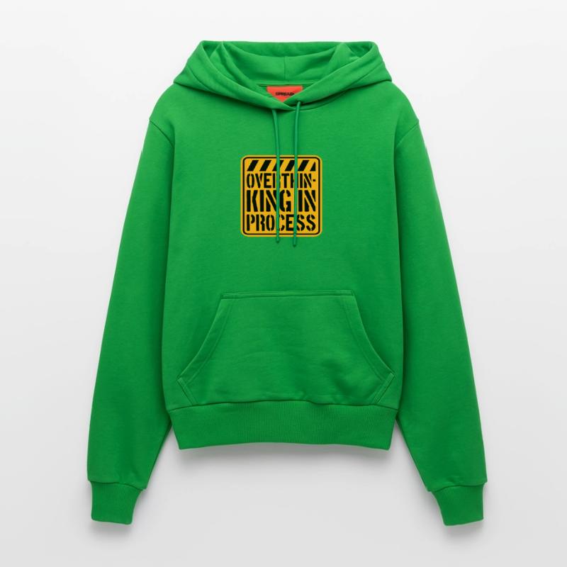 Overthinking In Process Funny Brooding Saying Logo Organic Fitted Hoodie Made in EU