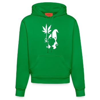 Lustiger Zwerg/Wichtel mit Hanfblatt-Ballon - Organic Fitted Hoodie Made in EU - City Green - Vorne