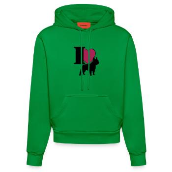 Bouledogue français j'adore ... / + - Sweat à capuche bio ajusté fabriqué en UE - City Green - Devant