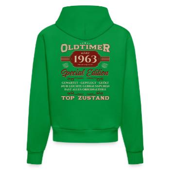 62. Geburtstag Oldtimer März 1963 Jahrgang 63 - Organic Fitted Hoodie Made in EU - City Green - Hinten