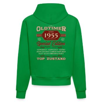 70. Geburtstag Oldtimer März Jahrgang 1955 - Organic Fitted Hoodie Made in EU - City Green - Hinten