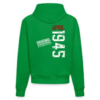 80th Birthday Legend April Born in 1945 - Organic Fitted Hoodie Made in EU - City Green - Back