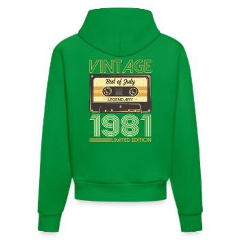 44th Birthday Cassette July Vintage 1981 - Organic Fitted Hoodie Made in EU - City Green - Back