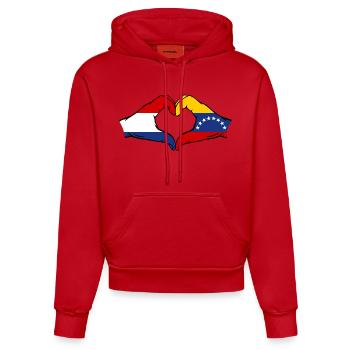Holland Venezuela Flagge Hände Herzform - Organic Fitted Hoodie Made in EU - Rot - Vorne