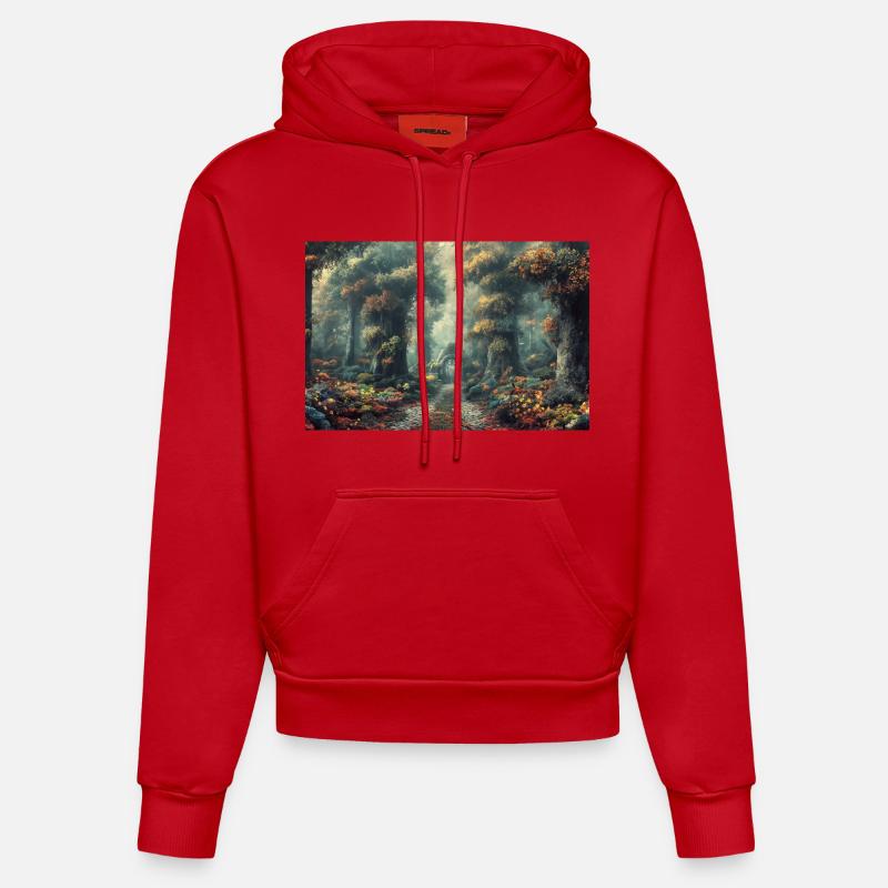 Poster Illustration Paysage de Forêt - Sweat à capuche bio ajusté fabriqué en UE - rouge
