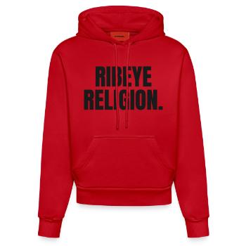 RELIGION DU RIBEYE | T-shirt Carnivore | Steak Lover - Sweat à capuche bio ajusté fabriqué en UE - rouge - Devant