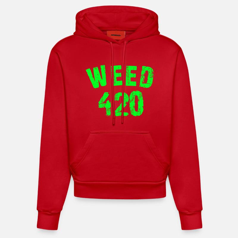 Motif 420 emblématique en vert fluo - Sweat à capuche bio ajusté fabriqué en UE - rouge