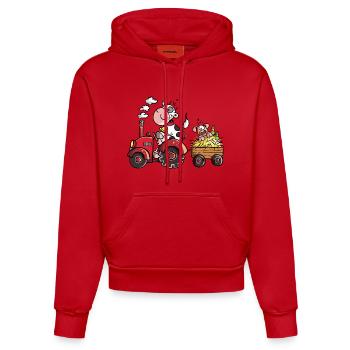 Kuh fährt Schwein - Organic Fitted Hoodie Made in EU - Rot - Vorne