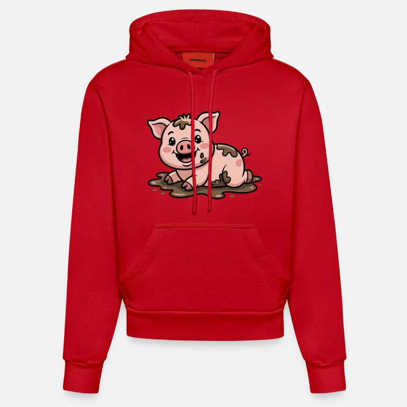 Cochon dans la boue mignon - Sweat à capuche bio ajusté fabriqué en UE - rouge