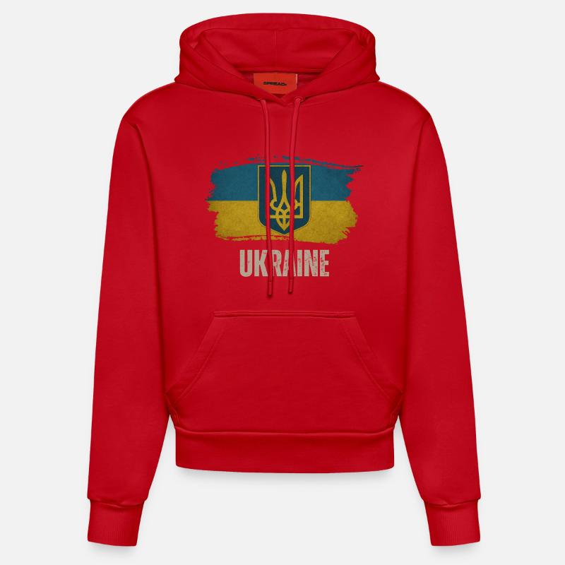 Drapeau de l’Ukraine, j’aime l’Ukraine - Sweat à capuche bio ajusté fabriqué en UE - rouge