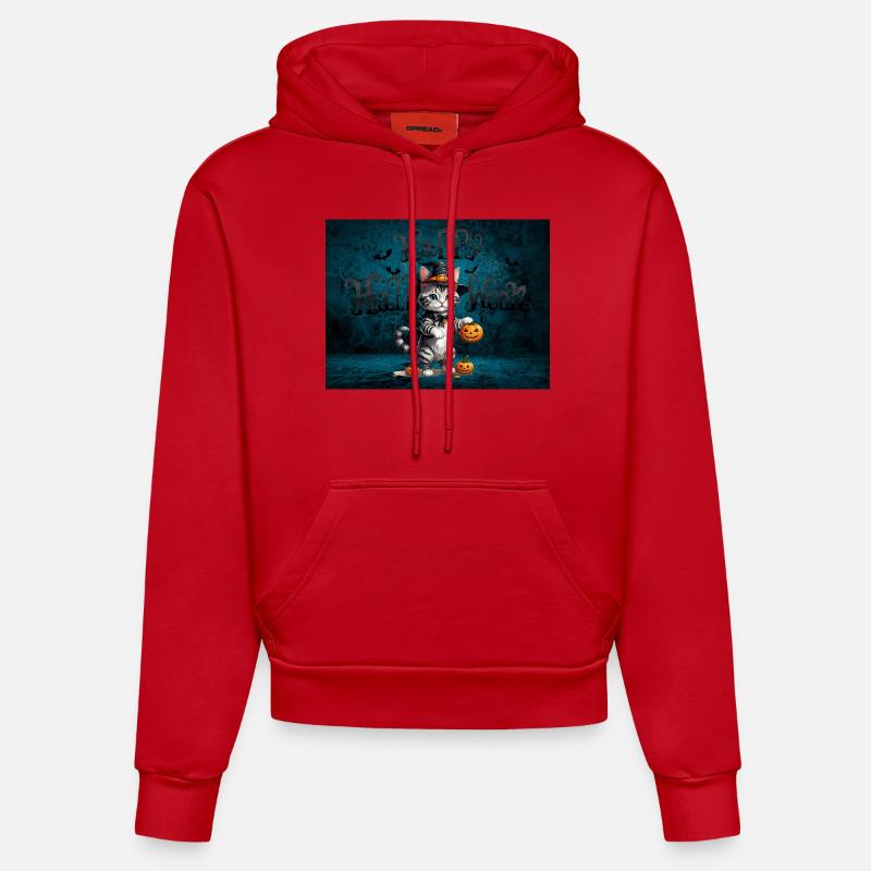 Effrayant Mignon Halloween Chat Effrayant - Sweat à capuche bio ajusté fabriqué en UE - rouge