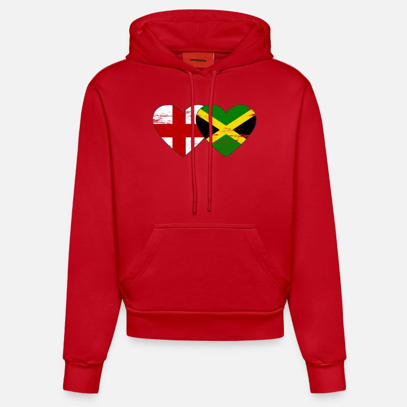 Angleterre Jamaïque drapeau coeur utilisé - Sweat à capuche bio ajusté fabriqué en UE - rouge