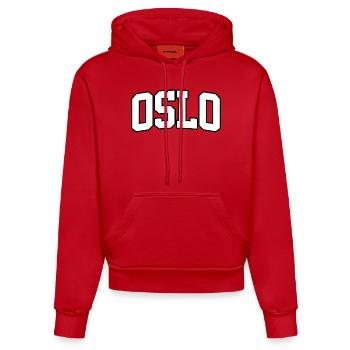 Oslo logo: Collegiate design with Nordic style - Organic Fitted Hoodie Made in EU - red - Front