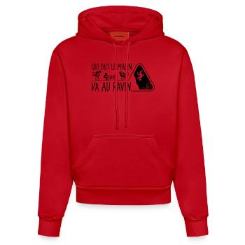 Qui fait le malin, va au ravin - Sweat à capuche bio ajusté fabriqué en UE - rouge - Devant