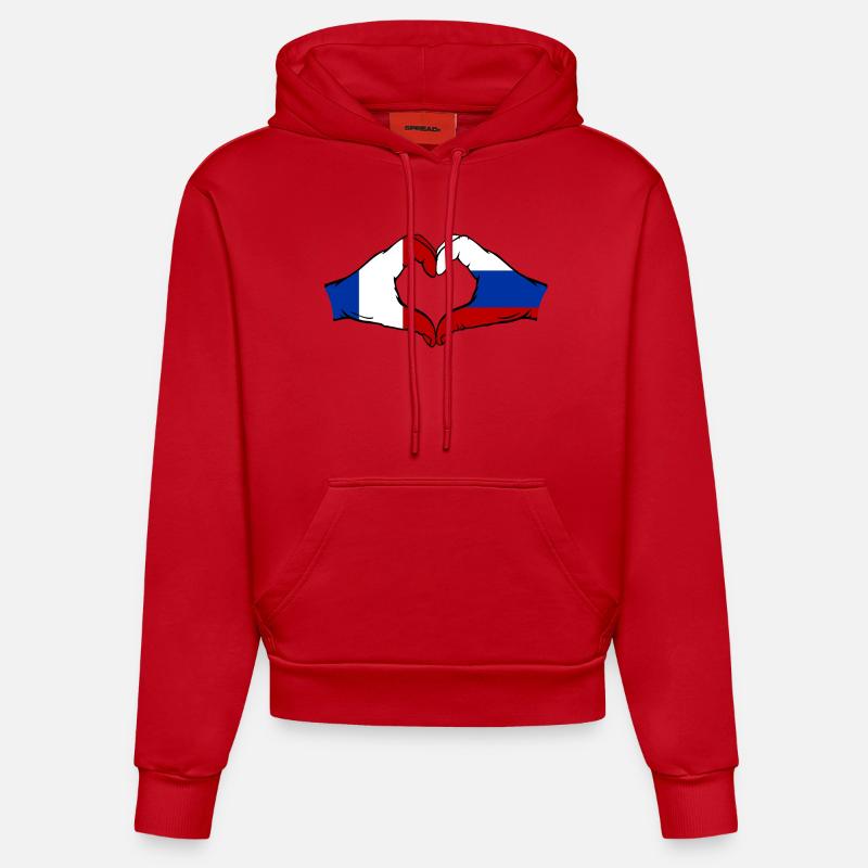 France Russie Drapeau Mains Coeur Forme - Sweat à capuche bio ajusté fabriqué en UE - rouge