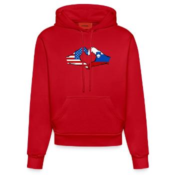 USA Slowenien Flagge Haende Herzform - Organic Fitted Hoodie Made in EU - Rot - Vorne
