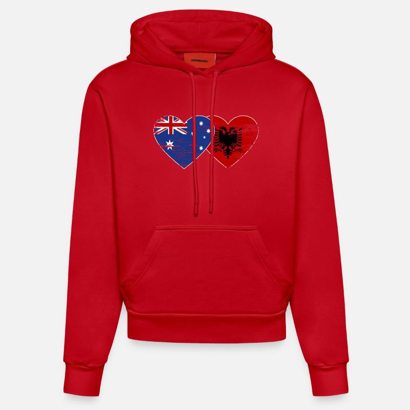 Australie Albanie drapeau coeur utilisé - Sweat à capuche bio ajusté fabriqué en UE - rouge