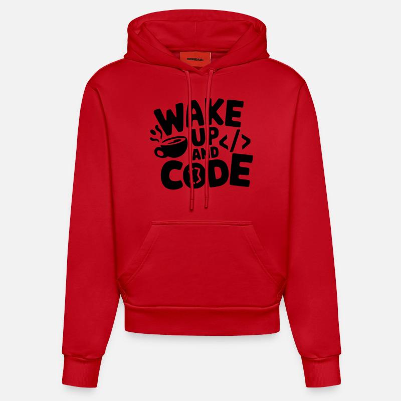 Réveillez-vous et codez - Sweat à capuche bio ajusté fabriqué en UE - rouge