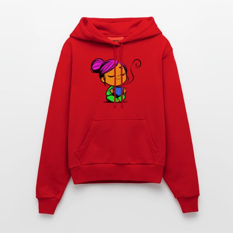 Tassmine enspannt mit einer Tasse Tee oder Kaffee Organic Fitted Hoodie Made in EU
