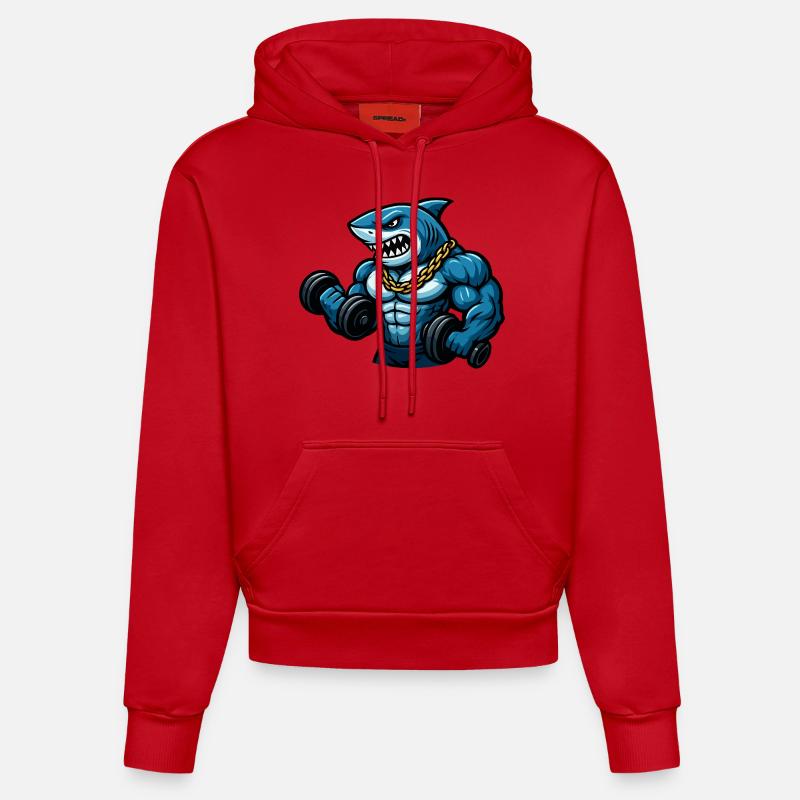 requin bodybuilder bande dessinée - Sweat à capuche bio ajusté fabriqué en UE - rouge