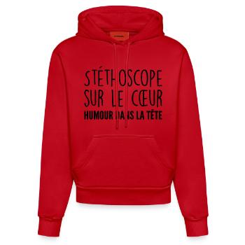 Stéthoscope au cœur, humour dans la tête - Sweat à capuche bio ajusté fabriqué en UE - rouge - Devant