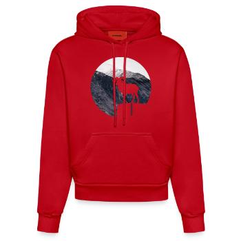 Randonnée design en plein air avec chèvre de montagne - panorama de montagne - Sweat à capuche bio ajusté fabriqué en UE - rouge - Devant