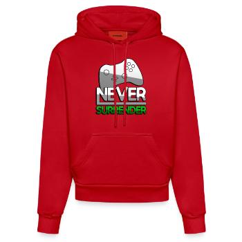 NEVER SURRENDER (Grün) + Controller - Gaming - Organic Fitted Hoodie Made in EU - Rot - Vorne