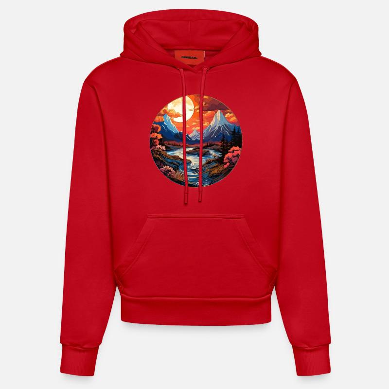 Paysage - Illustration - Sweat à capuche bio ajusté fabriqué en UE - rouge