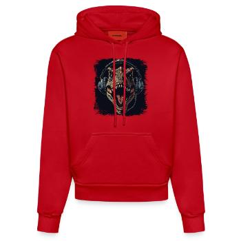T-Rex Dinosaurier hört Musik - Organic Fitted Hoodie Made in EU - Rot - Vorne