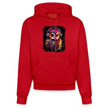 Lustige Eule hört Musik über Kopfhörer - Organic Fitted Hoodie Made in EU - Rot - Vorne