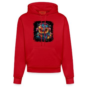 Discjockey Eule hört Musik über Kopfhörer - Organic Fitted Hoodie Made in EU - Rot - Vorne