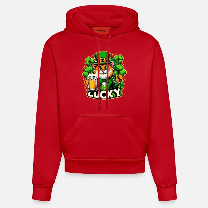 Saint-Patrick Leprechaun Cat Happy - Sweat à capuche bio ajusté fabriqué en UE - rouge