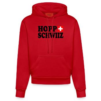 Hopp schwiiz - Organic Fitted Hoodie Made in EU - Rot - Vorne
