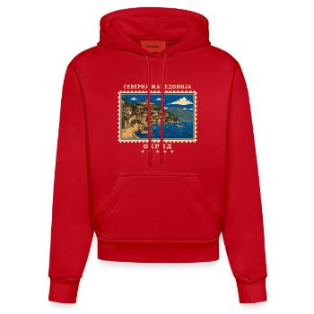 Nordmazedonien Ohrid Vintage Reisemarke - Organic Fitted Hoodie Made in EU - Rot - Vorne