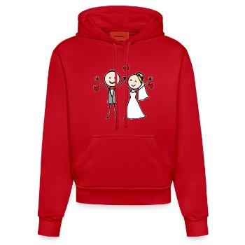 Dessin animé du couple de mariés joyeux - Sweat à capuche bio ajusté fabriqué en UE - rouge - Devant