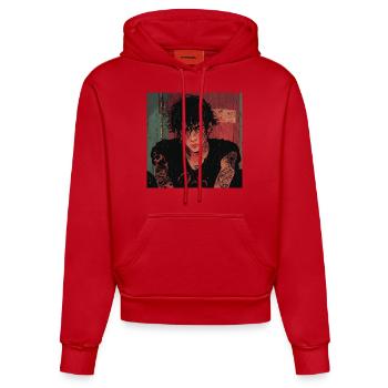80s anime guy calming high quality fashion print - Organic Fitted Hoodie Made in EU - red - Front