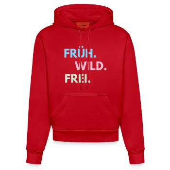 Früh Wild Frei – Frühlingsfest Festival Outfit - Organic Fitted Hoodie Made in EU - Rot - Vorne