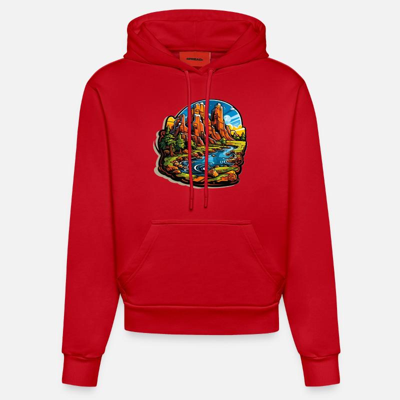 Paysage - Illustration - Sweat à capuche bio ajusté fabriqué en UE - rouge