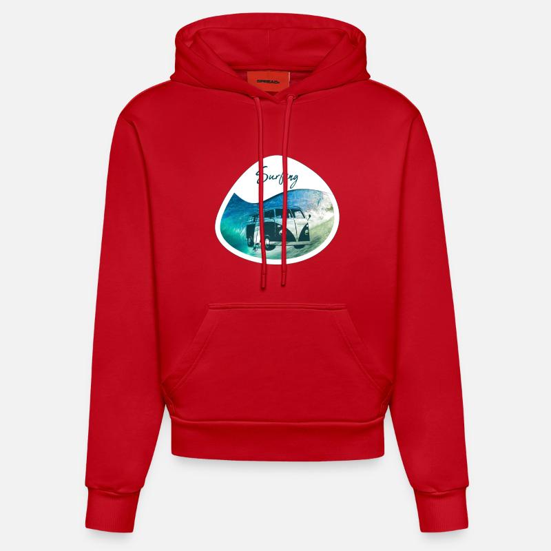 Bus de surf - design - Sweat à capuche bio ajusté fabriqué en UE - rouge