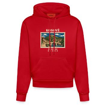 Kosovo Prizren Vintage Reisemarke - Organic Fitted Hoodie Made in EU - Rot - Vorne