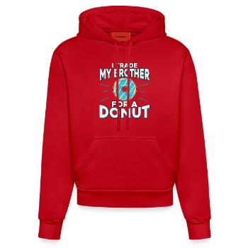 Chemise fraîche de partie de beignet «je échange mon frère ...» - Sweat à capuche bio ajusté fabriqué en UE - rouge - Devant