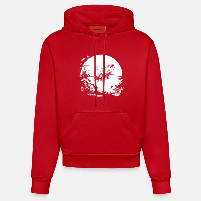 Dessin du pêcheur - Sweat à capuche bio ajusté fabriqué en UE - rouge