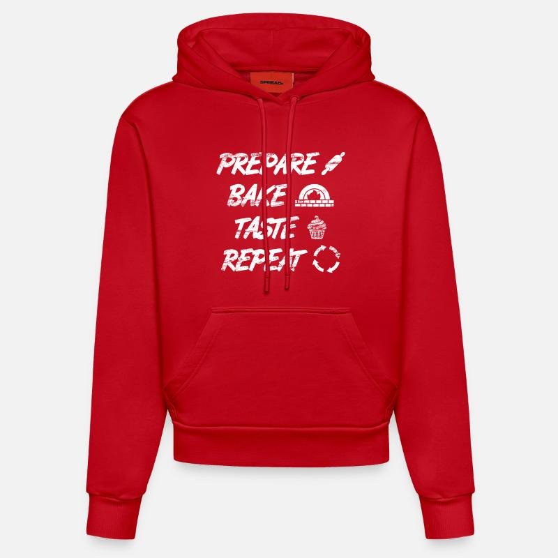 Préparer, cuire, goûter, répéter - Sweat à capuche bio ajusté fabriqué en UE - rouge
