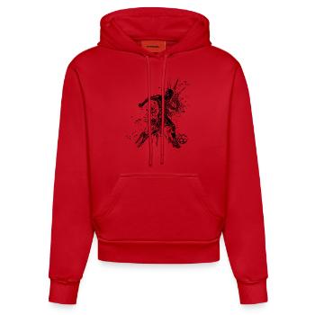 Fussballspieler im Splash kickt einen Ball - Organic Fitted Hoodie Made in EU - Rot - Vorne
