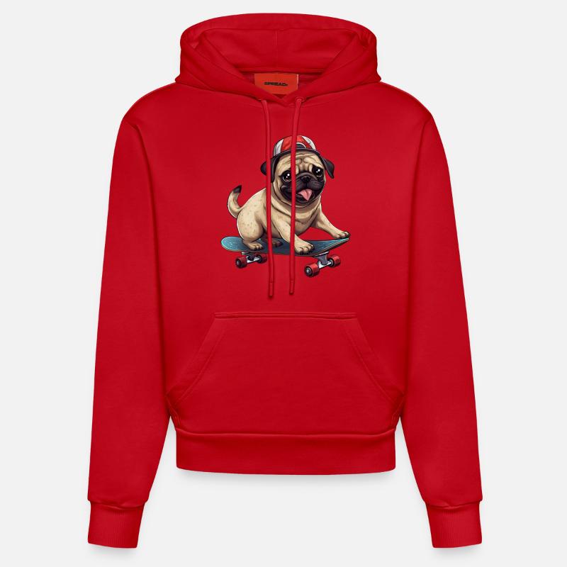 Skateboardender Mops: Dynamisches Hund- und - Organic Fitted Hoodie Made in EU - Rot