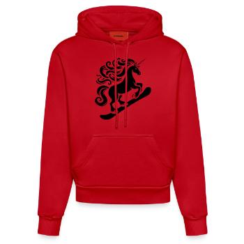 Minimalistisches Design: Einhorn Snowboarder - Organic Fitted Hoodie Made in EU - Rot - Vorne