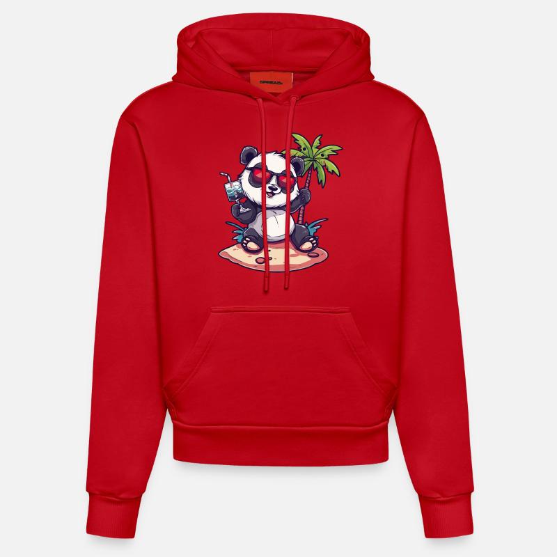 Panda Summer Beach Bande dessinée - Sweat à capuche bio ajusté fabriqué en UE - rouge